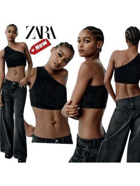 Zara black crystal rhinestone embellished one shoulder denim Jean crop top S NWT